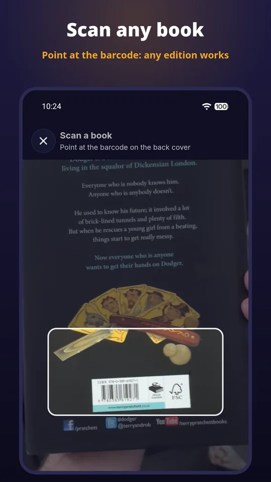 Scan any book: Point at the barcode: any edition works