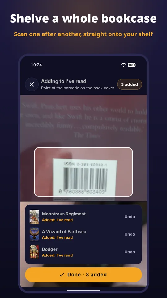 Shelve a whole bookcase: Scan one after another, straight onto your shelf